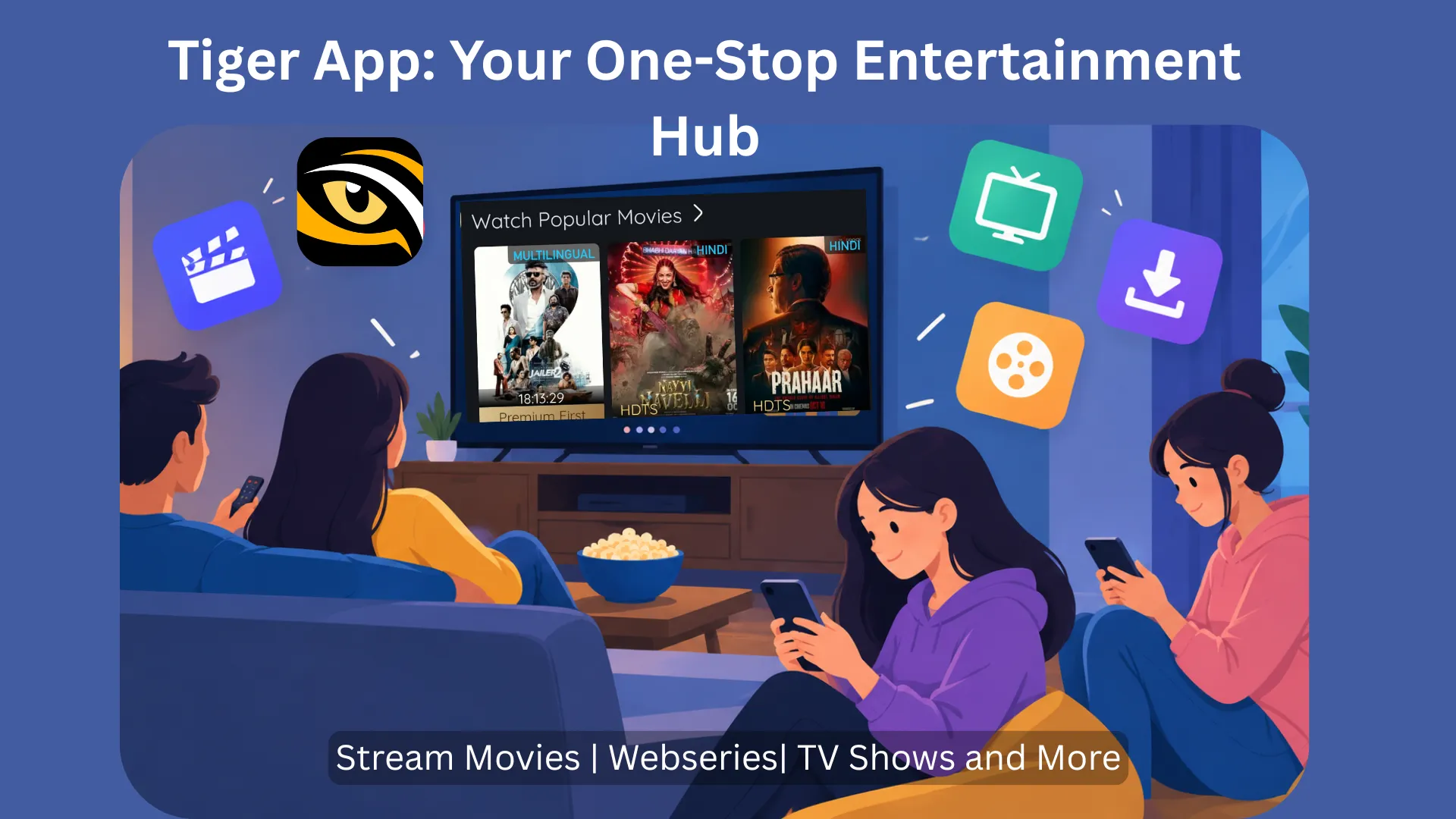 Family and friends streaming content on a TV and smartphones